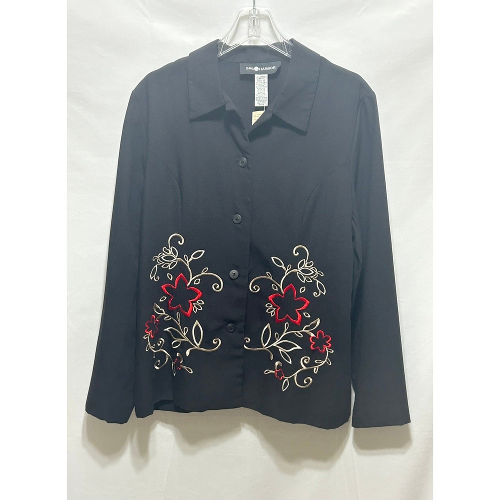 NWT Sage Harbor Black Embroidered Floral Xmas Top Blazer Women Size 16‎
